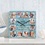 Reloj Cuadrado La familia es todo Collage de fotos de cotización<br><div class="desc">Crea fácilmente tu propio reloj de pared estilo casa-lago de tablas de marisco rústico azul personalizado con tus fotos personalizados. El diseño también incluye una hermosa cita manuscrita: "La familia lo es todo". Para obtener los mejores resultados, recortar las imágenes a cuadrado - con el punto de enfoque en el...</div>