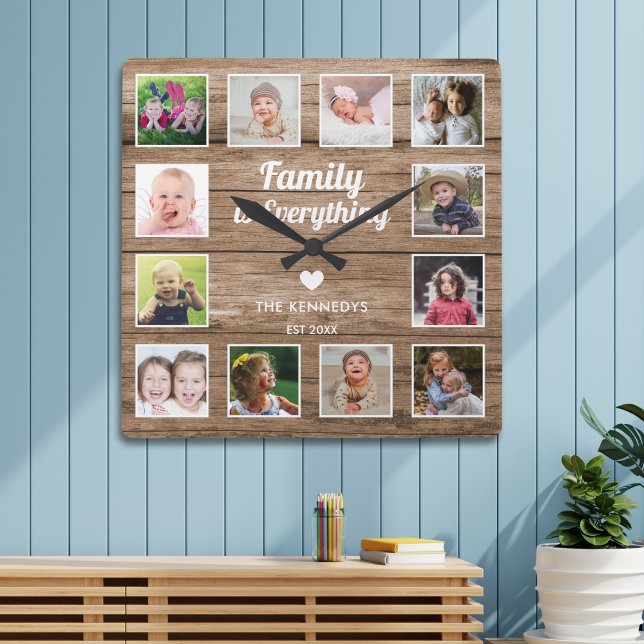 Reloj Cuadrado La familia es todo madera rústica de 12 fotógrafos (Subido por el creador)