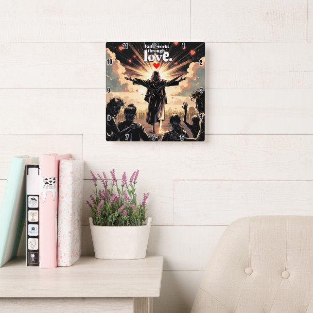 Reloj Cuadrado La fe funciona a través del amor. Galatianos 5:6 (Sala de lectura)