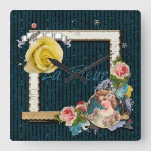 Reloj Cuadrado La Fleur Vintage Lady Frame Purpurina Strips Clock