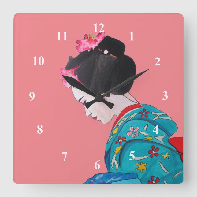 Reloj Cuadrado La flor rosa geisha japonesa arte lindo (Anverso)