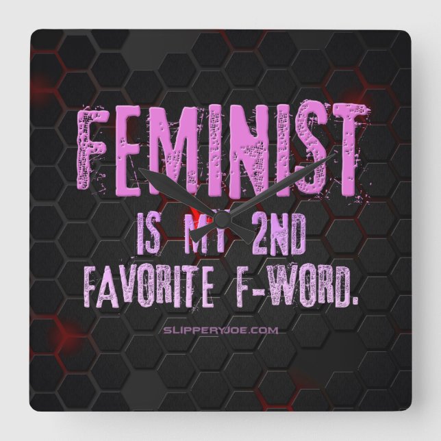 Reloj Cuadrado La palabra feminista de SlipperyJoe brillante negr (Anverso)