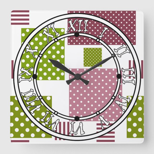 Reloj Cuadrado La polka verde marrón de patchwork (Anverso)
