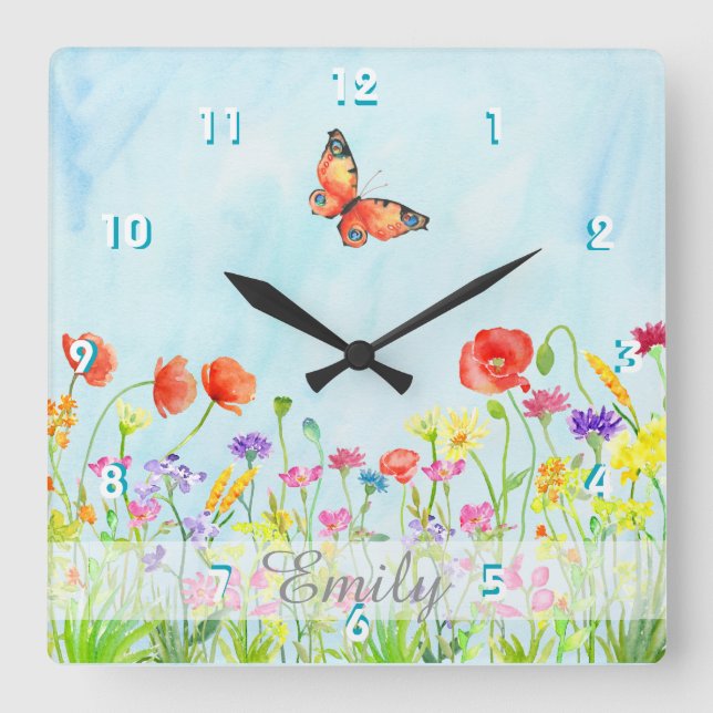 Reloj Cuadrado la primavera de los wildflowers florece (Anverso)