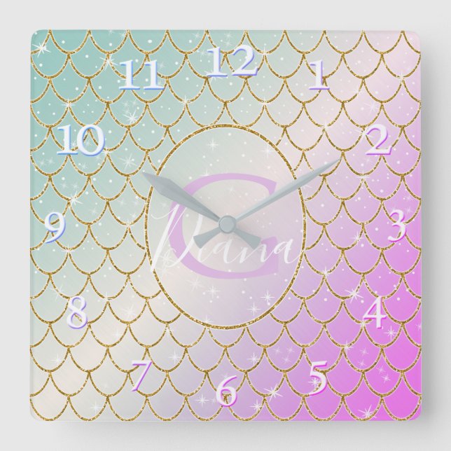 Reloj Cuadrado La Sirenita. Escala dorada en rosa, pasiva (Anverso)