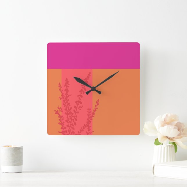 Reloj Cuadrado La vegetación rosa caliente y Naranja deja bloques (Hogar)