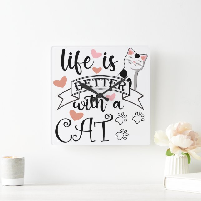 Reloj Cuadrado La vida es mejor con un eslogan de citas gatas (Hogar)