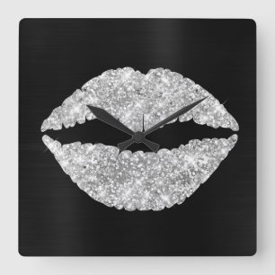 Reloj Cuadrado Labial Brillante Plateado con Brillo y Hoja Negra