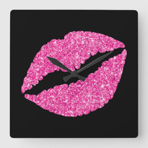 Reloj Cuadrado Labial Brillante Rosa de Lujo sobre Negro