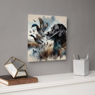 Reloj Cuadrado Labrador Retriever negro a la acuarela y patos