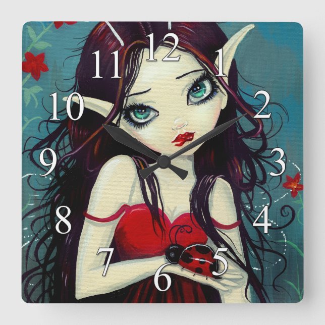 Reloj Cuadrado Ladybug Fairy Fantasy Art Wall Clock (Anverso)