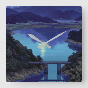 Reloj Cuadrado Lago Azul a la Luz de la Luna y Arte de Montaña en