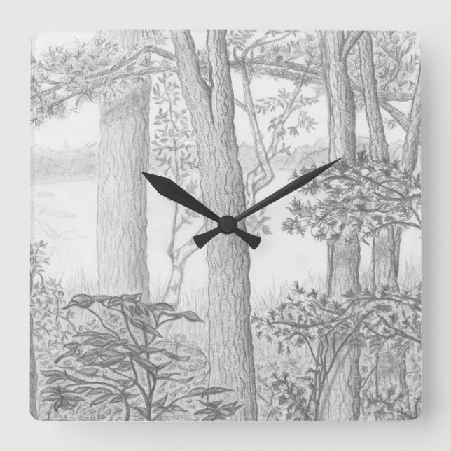 Reloj Cuadrado Lago de Verano con Dibujo de Lápiz de Gráfico Wood (Anverso)
