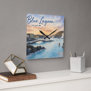 Reloj Cuadrado Laguna Azul Islandia baño termal acuarela 