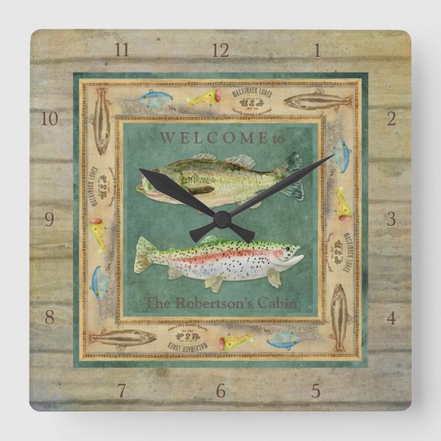 Reloj Cuadrado Lake Fishing, Large Mouth Bass, Rainbow Trout Mens (Anverso)