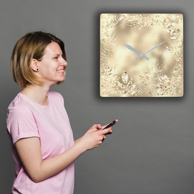 Reloj Cuadrado Láminas tropicales de oro Champaigne Metálicas Bot (Champaigne Gold Tropical Leafs Botanical Metallic Square Wall Clock)