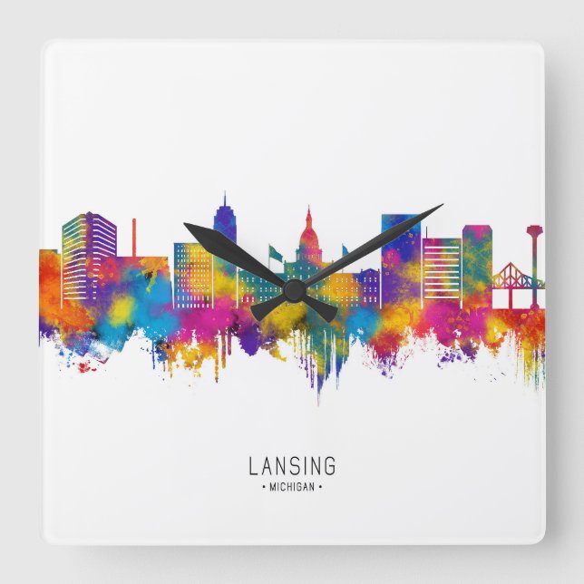 Reloj Cuadrado Lansing Michigan Skyline (Anverso)