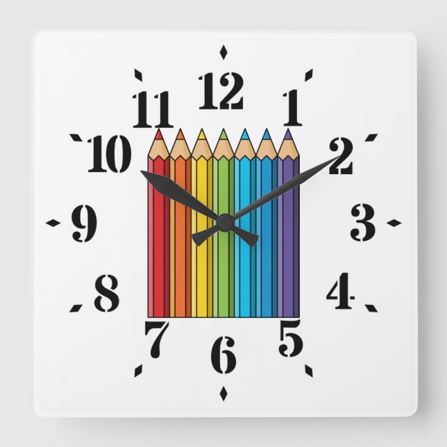 Reloj Cuadrado Lápices de colores arcoiris (Anverso)