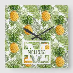 Reloj Cuadrado Las hojas de palma y las piñas tropicales el