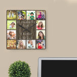 Reloj Cuadrado Laugh Quote 12 Photo Wood Effect de una nieta<br><div class="desc">Crea tu propio reloj de fotos único para abuelos con 12 de tus fotos favoritas. La cita de los nietos está impresa en una elegante tipografía escrita a mano y dice "la risa de un nieto es el sol en la casa". Este diseño tiene un fondo rústico de madera de...</div>