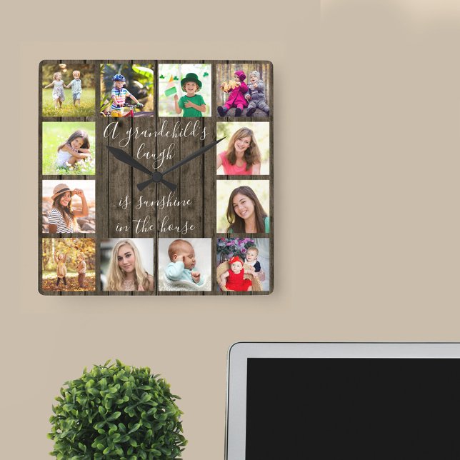 Reloj Cuadrado Laugh Quote 12 Photo Wood Effect de una nieta (Timeless photo gift for grandparents and grandchildren)
