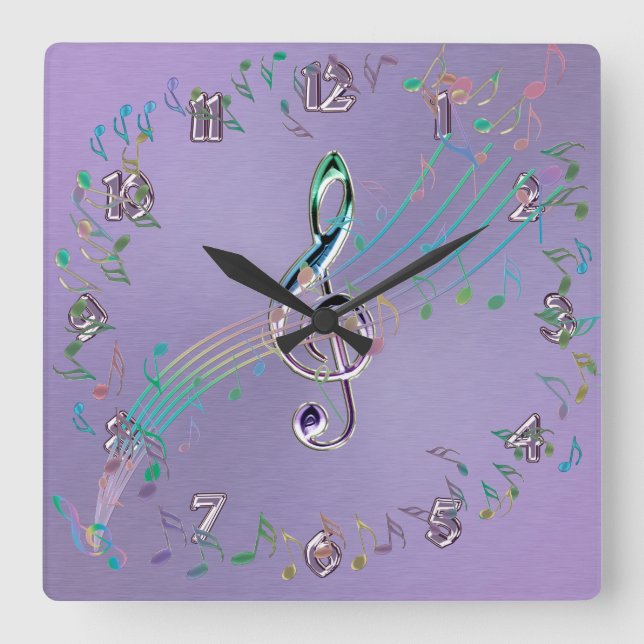 Reloj Cuadrado Lavender Rainbow Glass Music Notes y Clef Clock (Anverso)