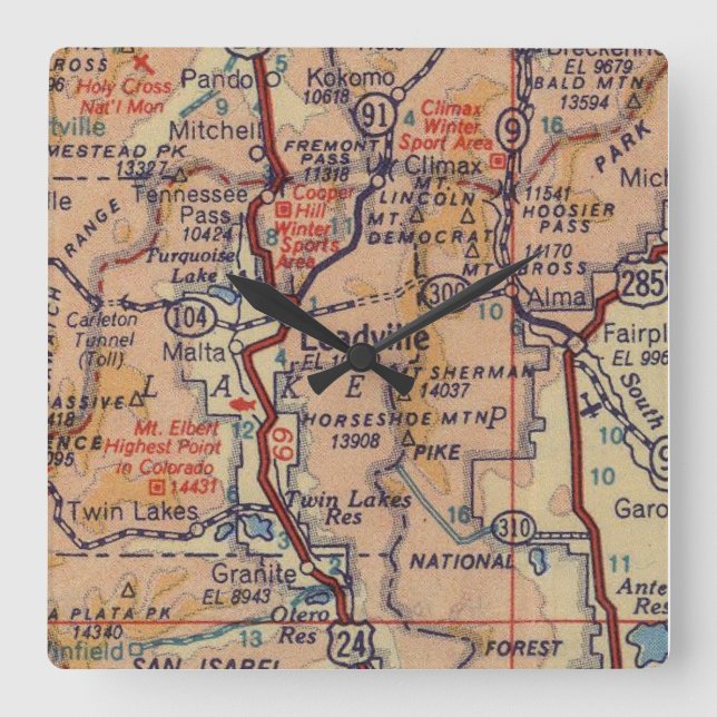 Reloj Cuadrado Leadville Vintage Map (Anverso)