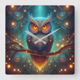 Reloj Cuadrado Lechuza psicodélica en un bosque cósmico