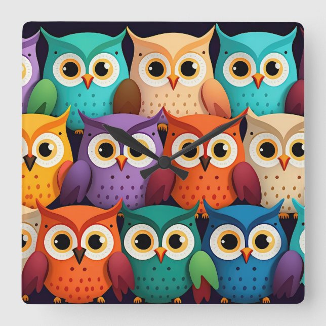 Reloj Cuadrado Lechuzas Pequeñas Coloridas (Anverso)