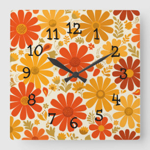 Reloj Cuadrado Lejano Alegre Retro Margaritas Naranja Quemada Oro