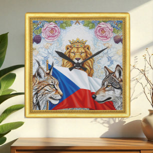 Reloj Cuadrado León checo patriótico, Lynx, Wolf Art Nouveau
