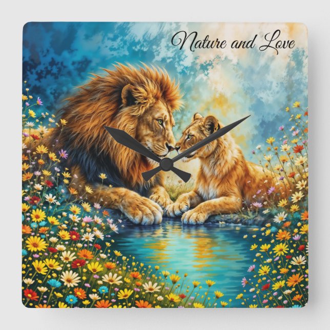 Reloj Cuadrado León Lanza gatos salvajes naturaleza amor vida sal (Anverso)