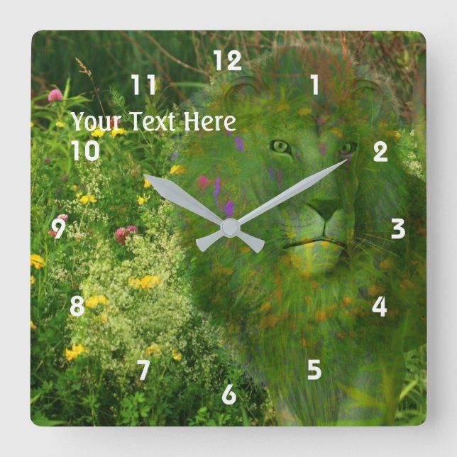 Reloj Cuadrado León Y Flores Silvestres Fantasía Arte Animal (Anverso)