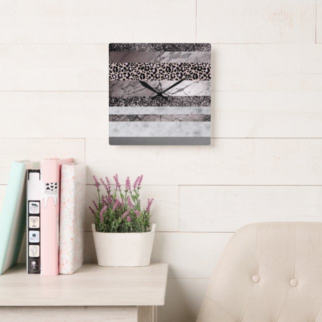 Reloj Cuadrado Leopard Marble Glitter Stripes Glam 1 (Sala de lectura)