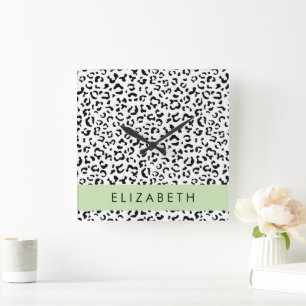 Reloj Cuadrado Leopard Print, Spots, Black And White, Tu Nombre