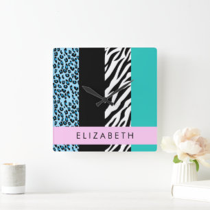 Reloj Cuadrado Leopard Print, Zebra Print, Blue, Your Name