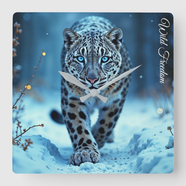 Reloj Cuadrado Leopardo de las nieves salvaje caminando helado en (Anverso)