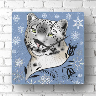 Reloj Cuadrado Leopardo de las nieves y copos de nieve