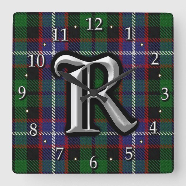Reloj Cuadrado Letra Clan Russell R Monogram Tartán (Anverso)