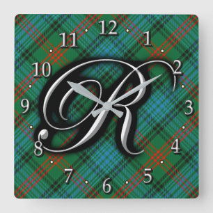Reloj Cuadrado Letra Ross Clan Monogram Blue Green Tartán