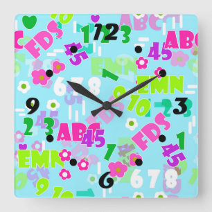 Reloj Cuadrado letras alfabéticas niños azules flores florales n