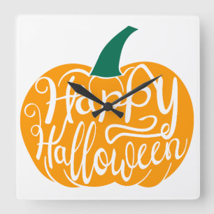 Reloj Cuadrado Letras de Feliz Halloween en calabaza tallada