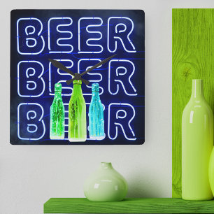 Reloj Cuadrado Letrero de cerveza LED de neón azul real