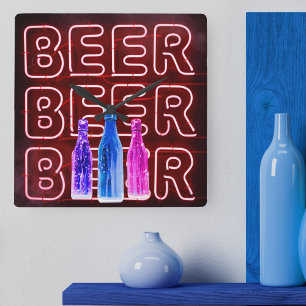 Reloj Cuadrado Letrero de cerveza LED de neón rojo