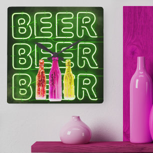 Reloj Cuadrado Letrero de cerveza LED de neón verde