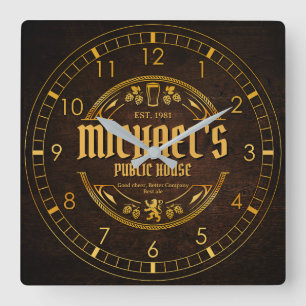 Reloj Cuadrado Letrero de Pub Vintage Personalizado de Madera Rús
