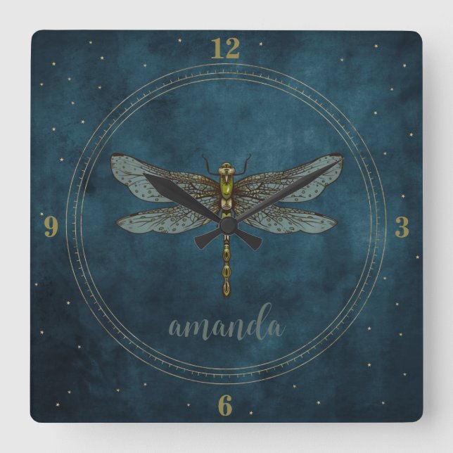 Reloj Cuadrado Libélula Mística Celestial de Azul Oscuro Capricho (Anverso)