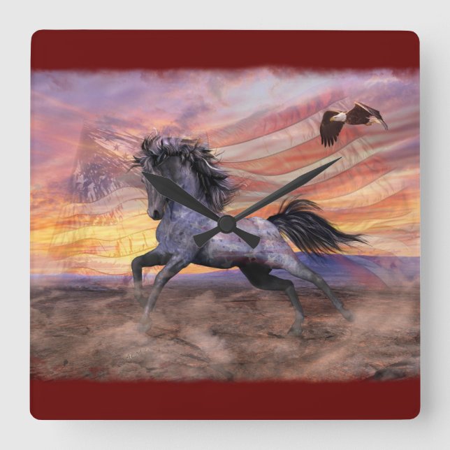 Reloj Cuadrado Libertad Mustang y Eagle Patriótico (Anverso)