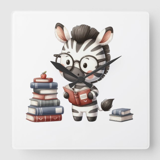 Reloj Cuadrado Libros de lectura de cebra. (Anverso)