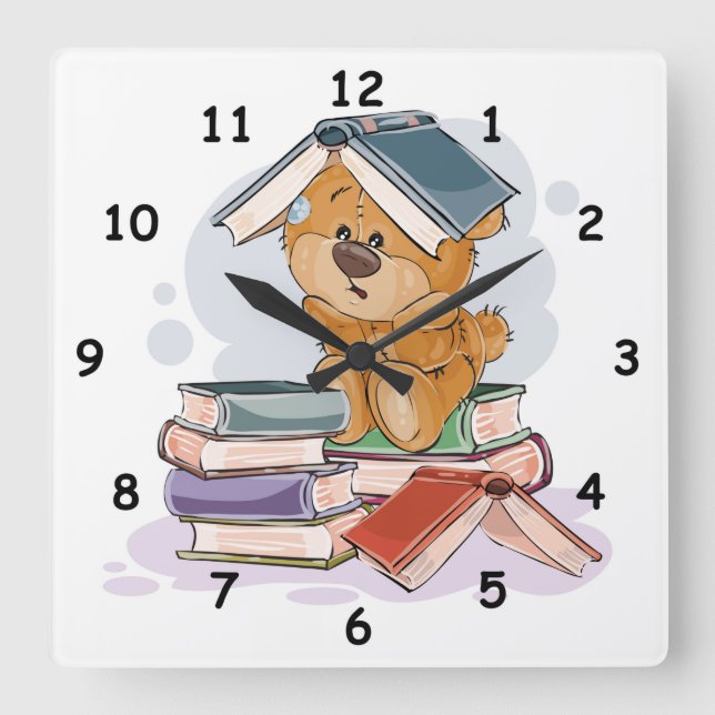 Reloj Cuadrado Libros de lectura de oso de Personalizado lindo (Anverso)
